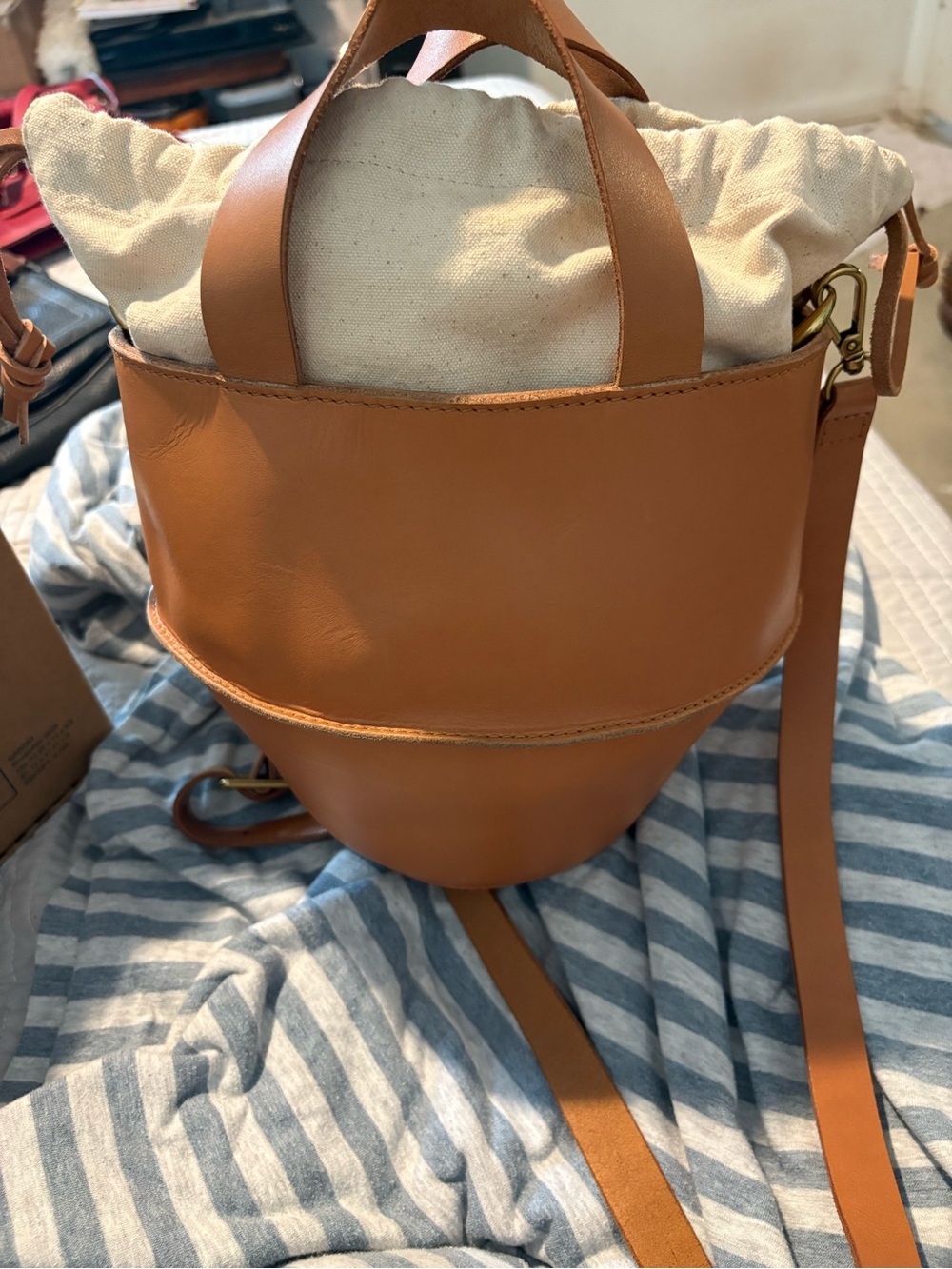 Madewell Tan Leather Bucket Crossbody with Canvas Drawstring